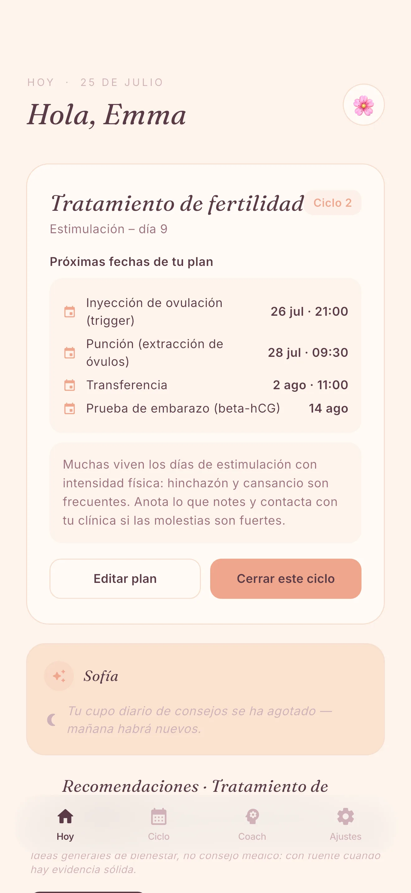 Luna App: ejemplo de seguimiento de un tratamiento de fertilidad con datos de demostración