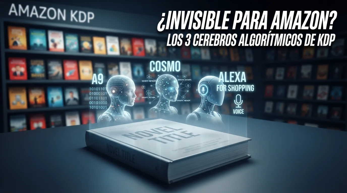 Infografía conceptual para autores que muestra un libro genérico rodeado por tres entidades tecnológicas de IA flotantes etiquetadas como "A9" (con código binario), "COSMO" (con red neuronal) y "ALEXA