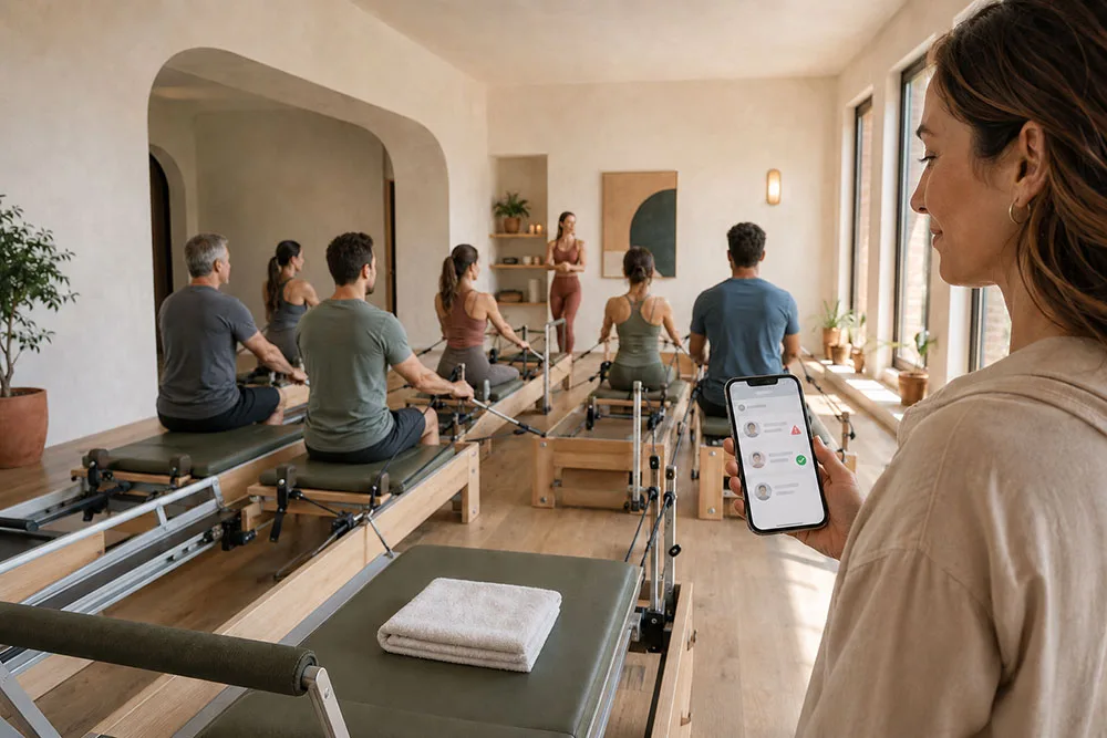 Grupo de alumnas y alumnos en clase de pilates reformer en un estudio boutique